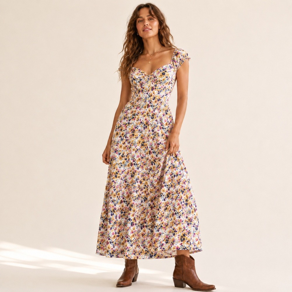 Romantic Floral Maxi Dress M Puff Sleeve Cottagecore Summer Milkmaid